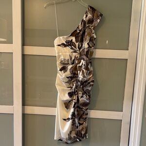 One-Shoulder Floral Ruched Cocktail Dress - Lavender, Cream and Brown